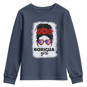 Boricua Girl Youth Sweatshirt Messy Bun Puerto Rican Flag Hibiscus Flower TS10 Navy Print Your Wear