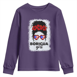 Boricua Girl Youth Sweatshirt Messy Bun Puerto Rican Flag Hibiscus Flower TS10 Purple Print Your Wear