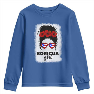 Boricua Girl Youth Sweatshirt Messy Bun Puerto Rican Flag Hibiscus Flower TS10 Royal Blue Print Your Wear