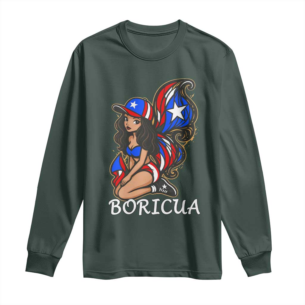 Puerto Rico Pin Up Girl Long Sleeve Shirt Taino Boricua Puerto Rican Flag TS10 Dark Forest Green Print Your Wear