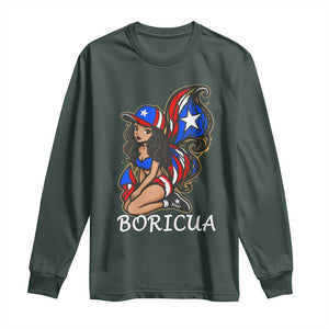 Puerto Rico Pin Up Girl Long Sleeve Shirt Taino Boricua Puerto Rican Flag TS10 Dark Forest Green Print Your Wear