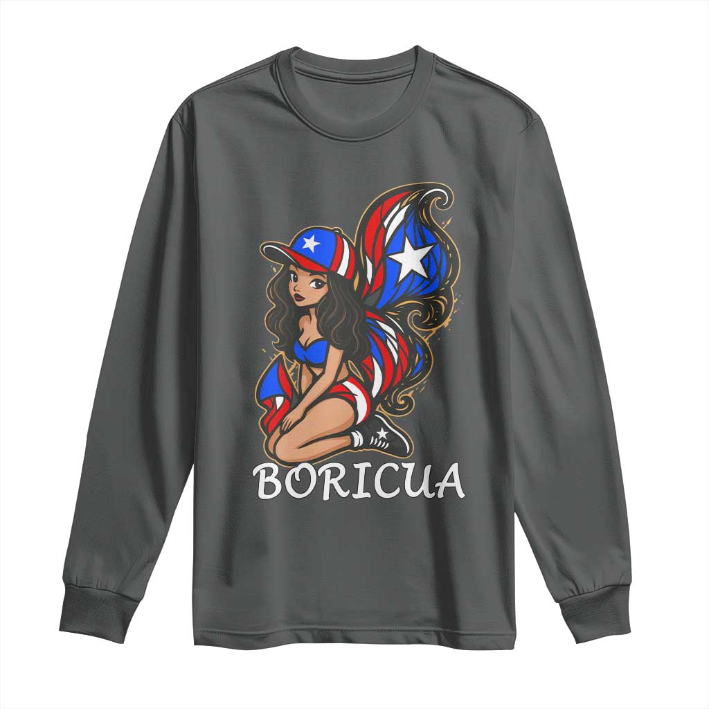Puerto Rico Pin Up Girl Long Sleeve Shirt Taino Boricua Puerto Rican Flag TS10 Dark Heather Print Your Wear