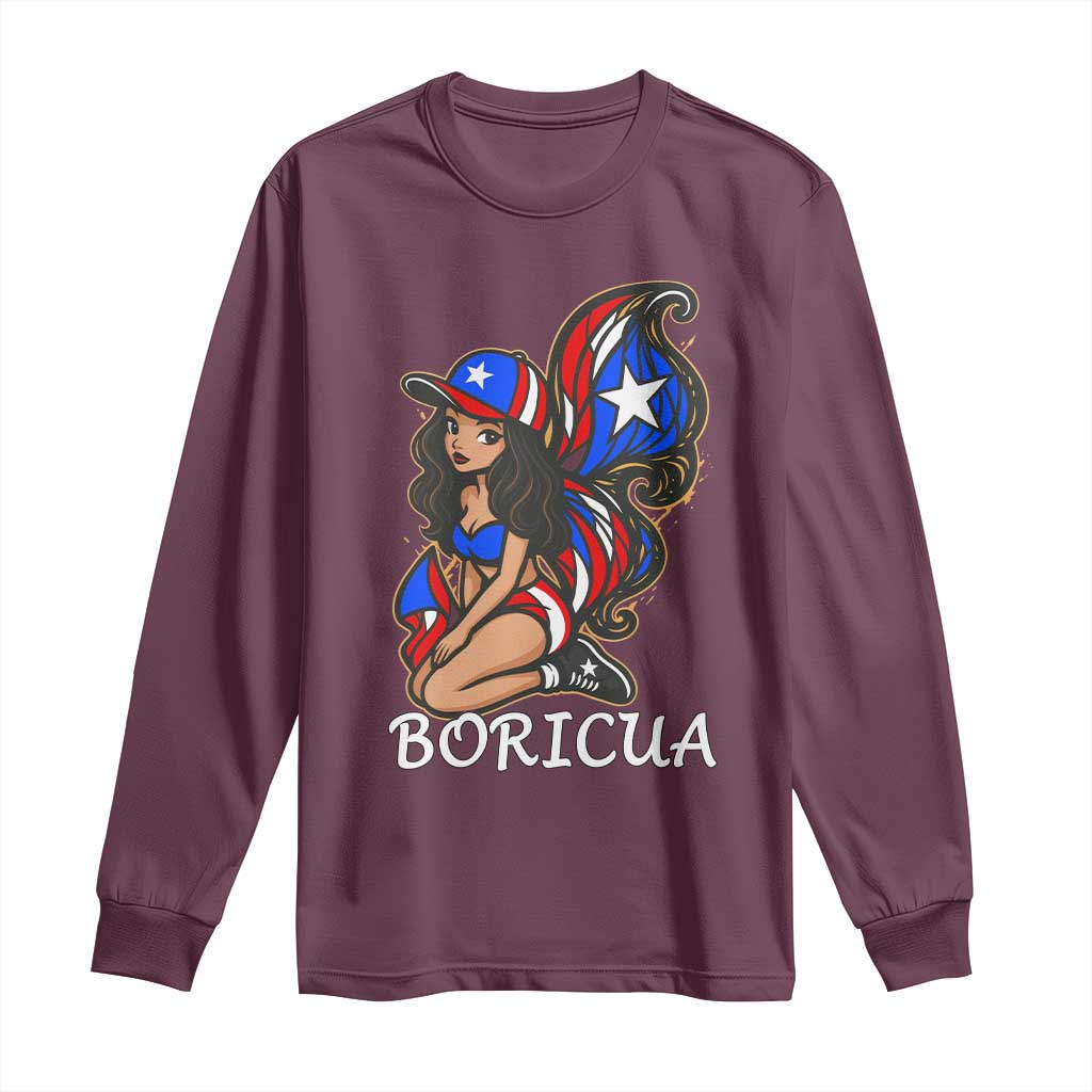 Puerto Rico Pin Up Girl Long Sleeve Shirt Taino Boricua Puerto Rican Flag TS10 Maroon Print Your Wear
