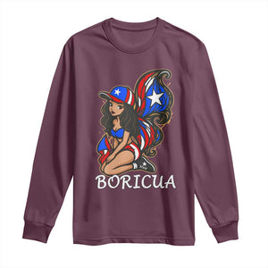 Puerto Rico Pin Up Girl Long Sleeve Shirt Taino Boricua Puerto Rican Flag TS10 Maroon Print Your Wear