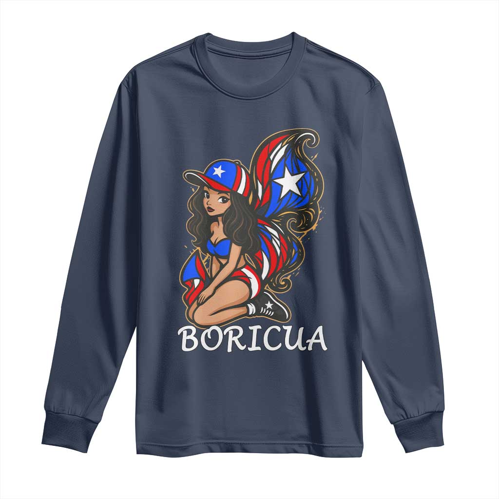 Puerto Rico Pin Up Girl Long Sleeve Shirt Taino Boricua Puerto Rican Flag TS10 Navy Print Your Wear