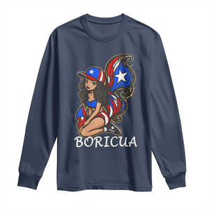 Puerto Rico Pin Up Girl Long Sleeve Shirt Taino Boricua Puerto Rican Flag TS10 Navy Print Your Wear