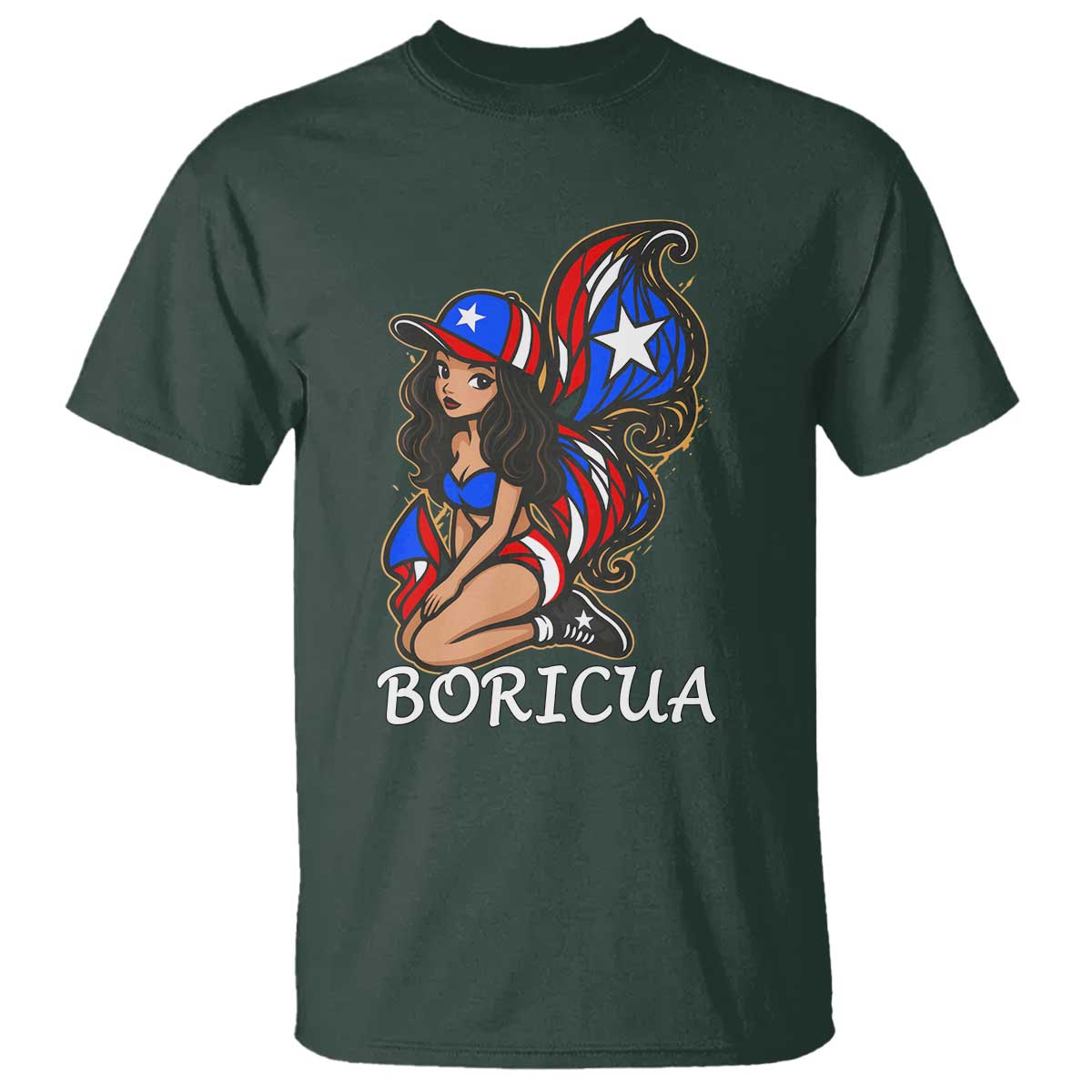 Puerto Rico Pin Up Girl T Shirt Taino Boricua Puerto Rican Flag TS10 Dark Forest Green Print Your Wear