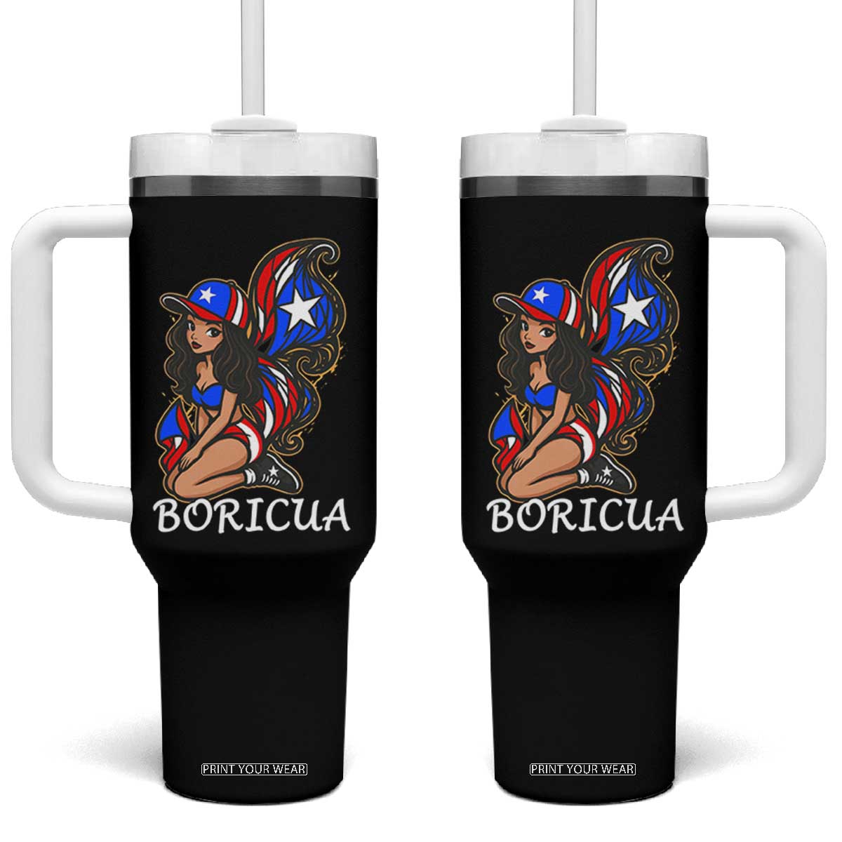 Puerto Rico Pin Up Girl Tumbler With Handle Taino Boricua Puerto Rican Flag TS10 One Size: 40 oz Black Print Your Wear
