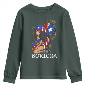 Puerto Rico Pin Up Girl Youth Sweatshirt Taino Boricua Puerto Rican Flag TS10 Dark Forest Green Print Your Wear