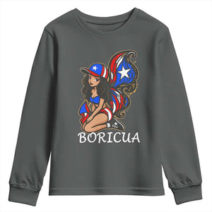 Puerto Rico Pin Up Girl Youth Sweatshirt Taino Boricua Puerto Rican Flag TS10 Dark Heather Print Your Wear