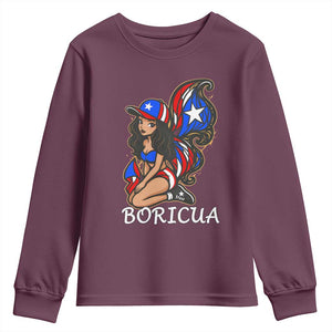 Puerto Rico Pin Up Girl Youth Sweatshirt Taino Boricua Puerto Rican Flag TS10 Maroon Print Your Wear