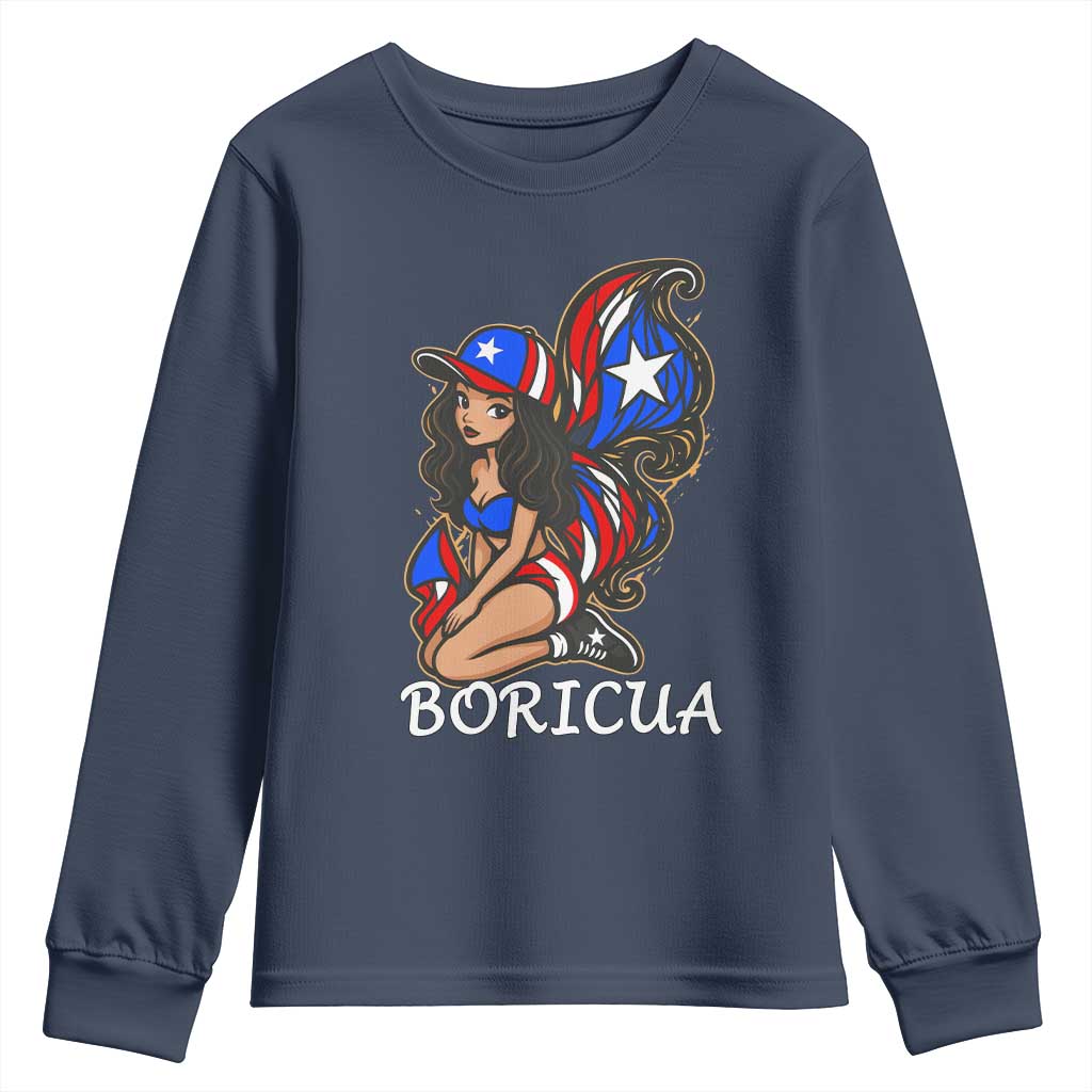 Puerto Rico Pin Up Girl Youth Sweatshirt Taino Boricua Puerto Rican Flag TS10 Navy Print Your Wear