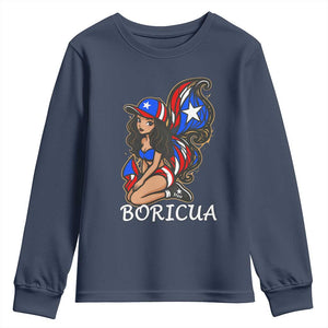 Puerto Rico Pin Up Girl Youth Sweatshirt Taino Boricua Puerto Rican Flag TS10 Navy Print Your Wear