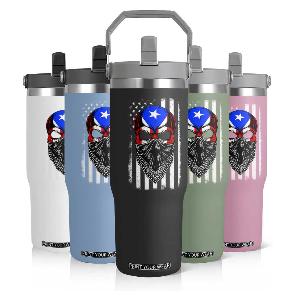 Skull Puerto Rican American Flag Flip Straw Tumbler With Bandana TS10 Print Your Wear