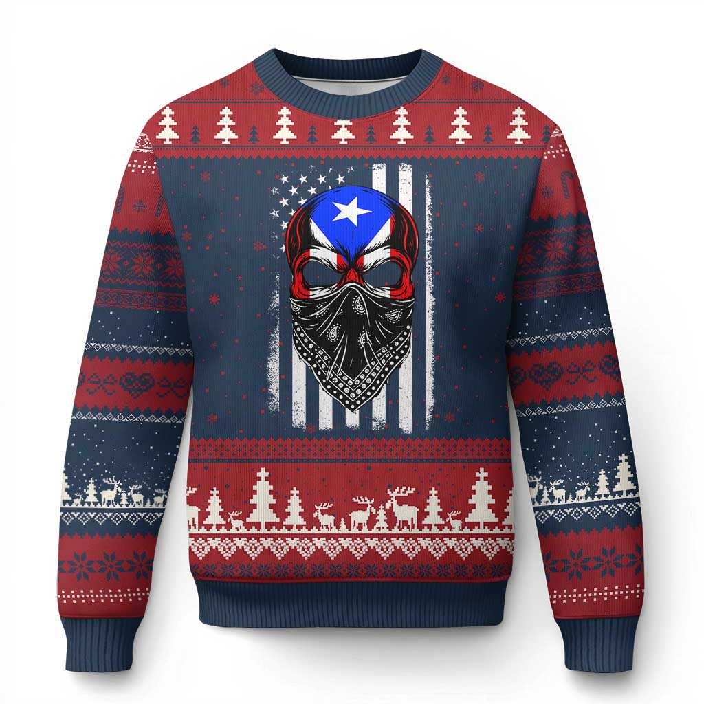 Skull Puerto Rican American Flag Ugly Christmas Sweater With Bandana TS10 Navy Red Print Your Wear