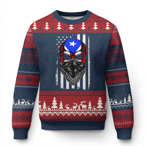 Skull Puerto Rican American Flag Ugly Christmas Sweater With Bandana TS10 Navy Red Print Your Wear