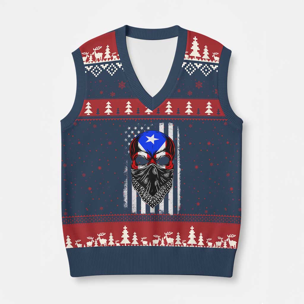 Skull Puerto Rican American Flag V-Neck Knit Sweater Vest With Bandana TS10 Navy Red Print Your Wear
