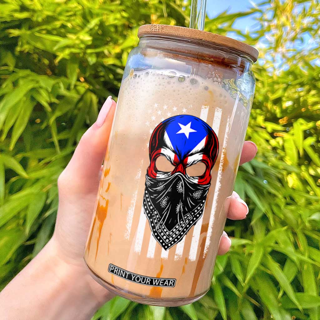 Skull Puerto Rican American Flag Glass Can With Bandana TS10 Black Print Your Wear