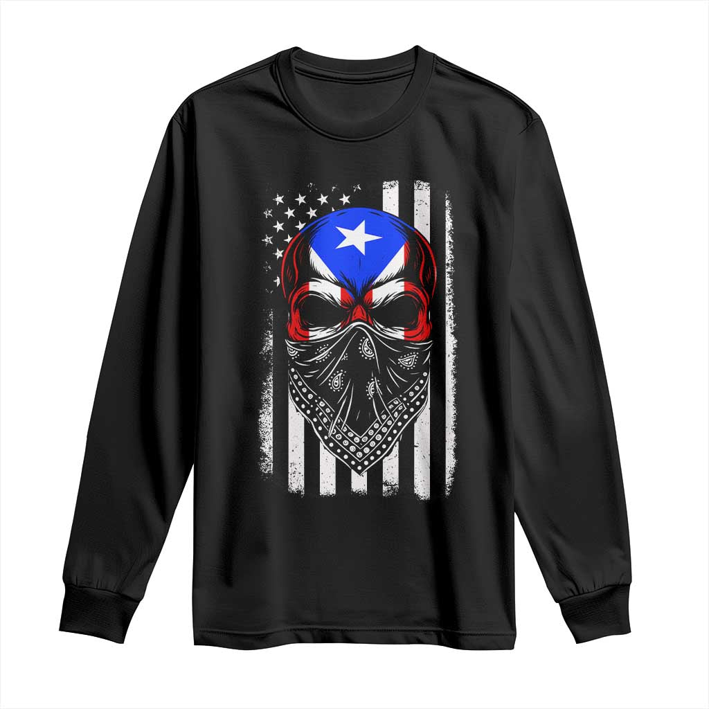 Skull Puerto Rican American Flag Long Sleeve Shirt With Bandana TS10 Black Print Your Wear