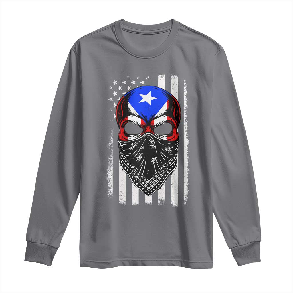 Skull Puerto Rican American Flag Long Sleeve Shirt With Bandana TS10 Charcoal Print Your Wear