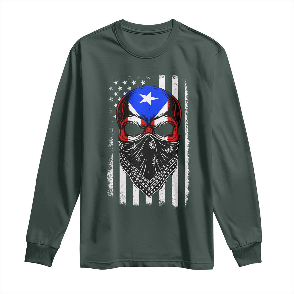 Skull Puerto Rican American Flag Long Sleeve Shirt With Bandana TS10 Dark Forest Green Print Your Wear