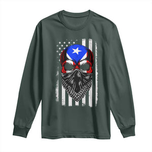 Skull Puerto Rican American Flag Long Sleeve Shirt With Bandana TS10 Dark Forest Green Print Your Wear