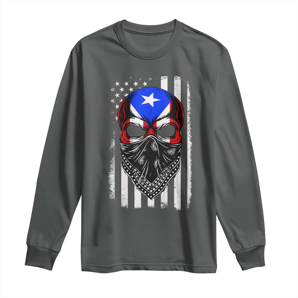 Skull Puerto Rican American Flag Long Sleeve Shirt With Bandana TS10 Dark Heather Print Your Wear