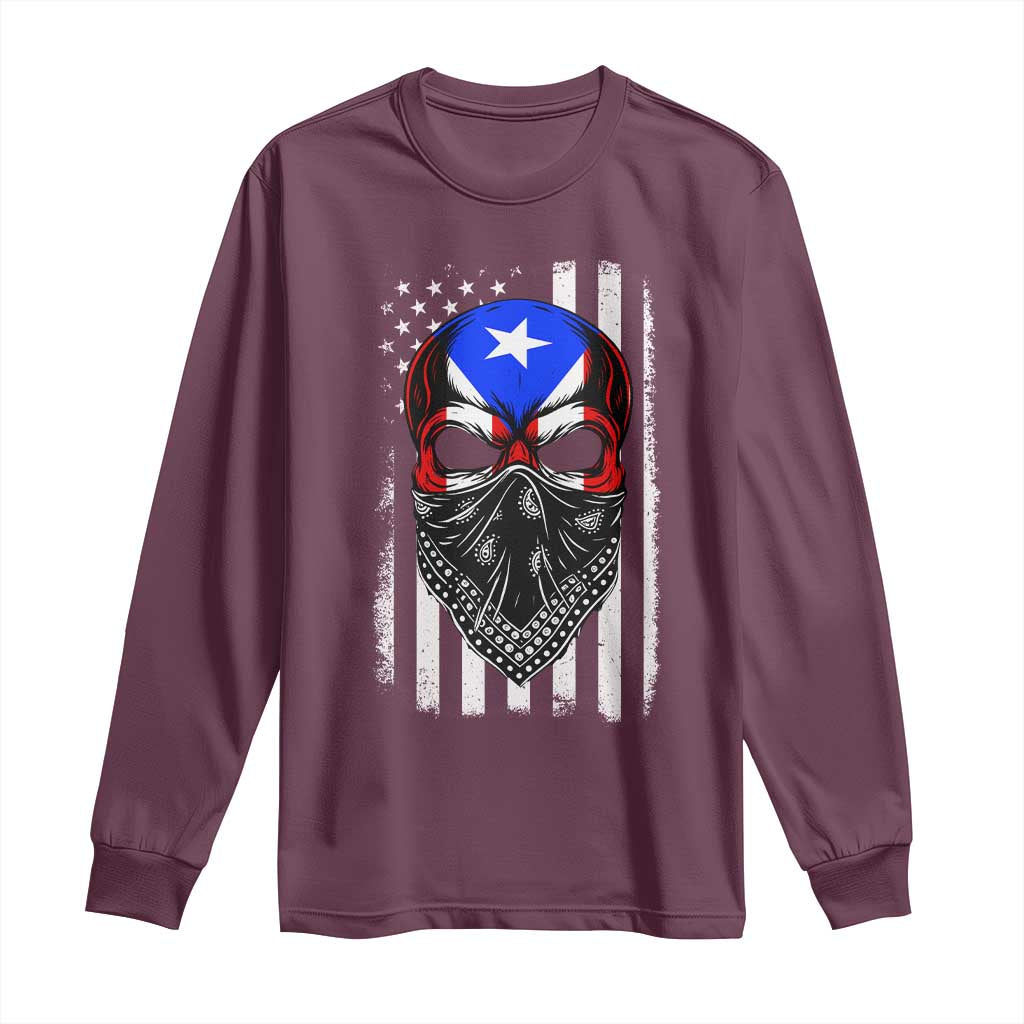Skull Puerto Rican American Flag Long Sleeve Shirt With Bandana TS10 Maroon Print Your Wear