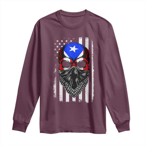Skull Puerto Rican American Flag Long Sleeve Shirt With Bandana TS10 Maroon Print Your Wear