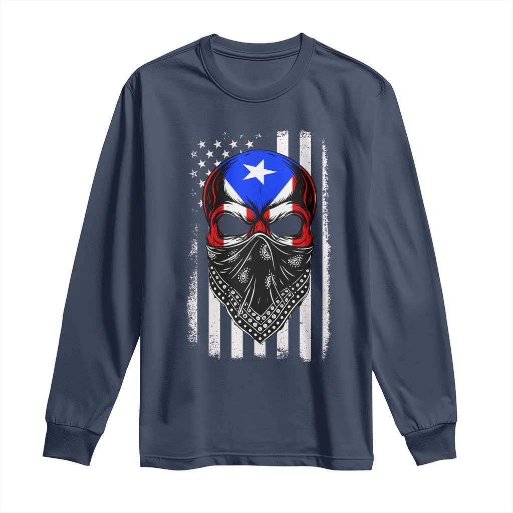 Skull Puerto Rican American Flag Long Sleeve Shirt With Bandana TS10 Navy Print Your Wear