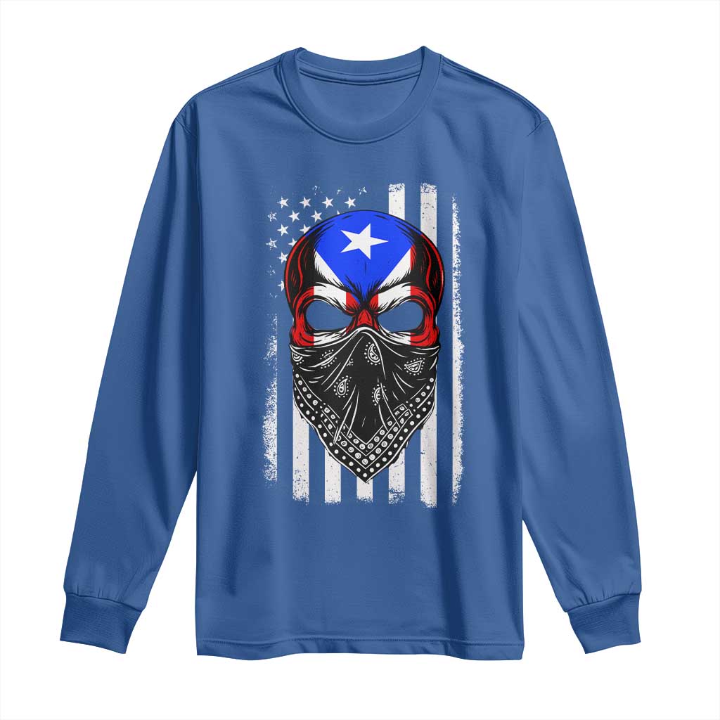 Skull Puerto Rican American Flag Long Sleeve Shirt With Bandana TS10 Royal Blue Print Your Wear