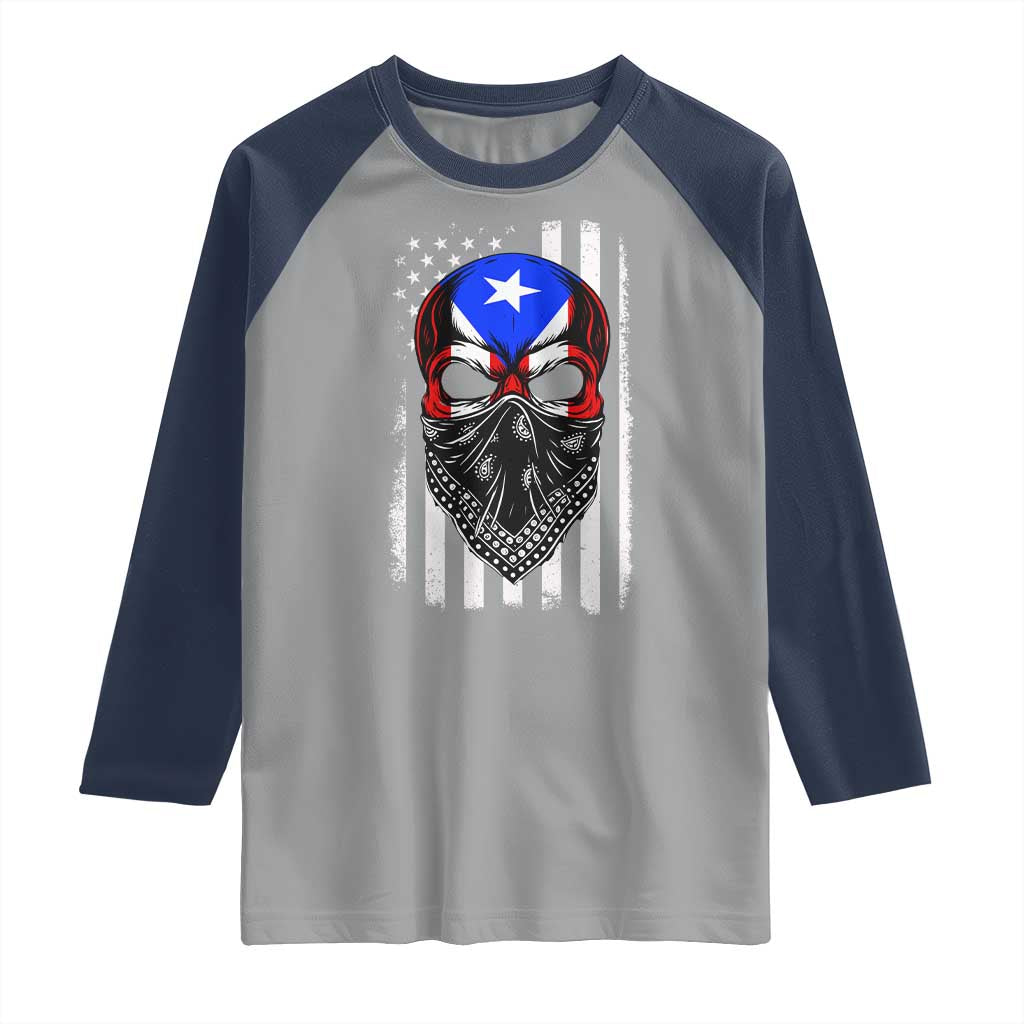 Skull Puerto Rican American Flag Raglan Shirt With Bandana TS10 Sport Gray Navy Print Your Wear