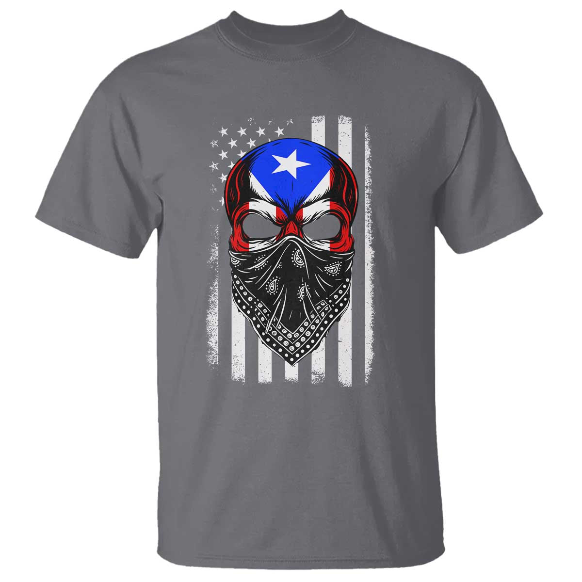 Skull Puerto Rican American Flag T Shirt With Bandana TS10 Charcoal Print Your Wear