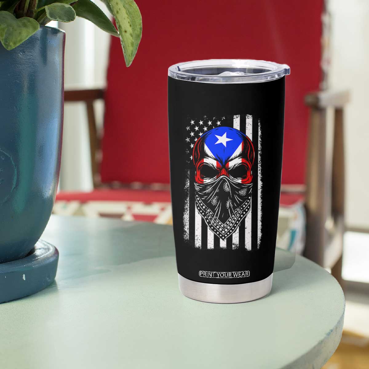 Skull Puerto Rican American Flag Tumbler Cup With Bandana TS10 Print Your Wear