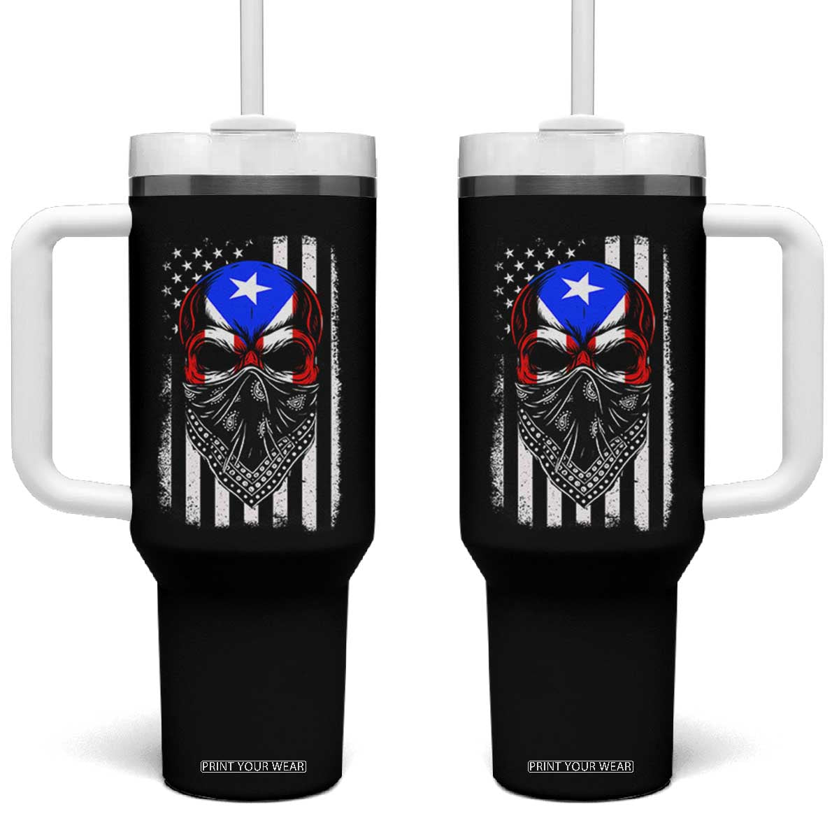 Skull Puerto Rican American Flag Tumbler With Handle With Bandana TS10 One Size: 40 oz Black Print Your Wear