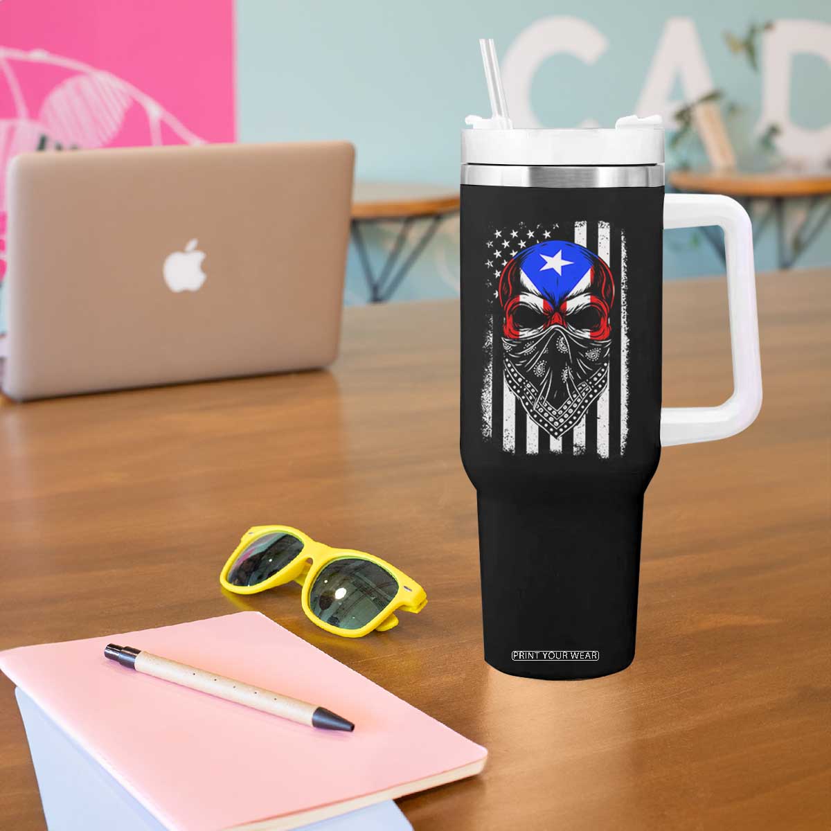 Skull Puerto Rican American Flag Tumbler With Handle With Bandana TS10 Print Your Wear