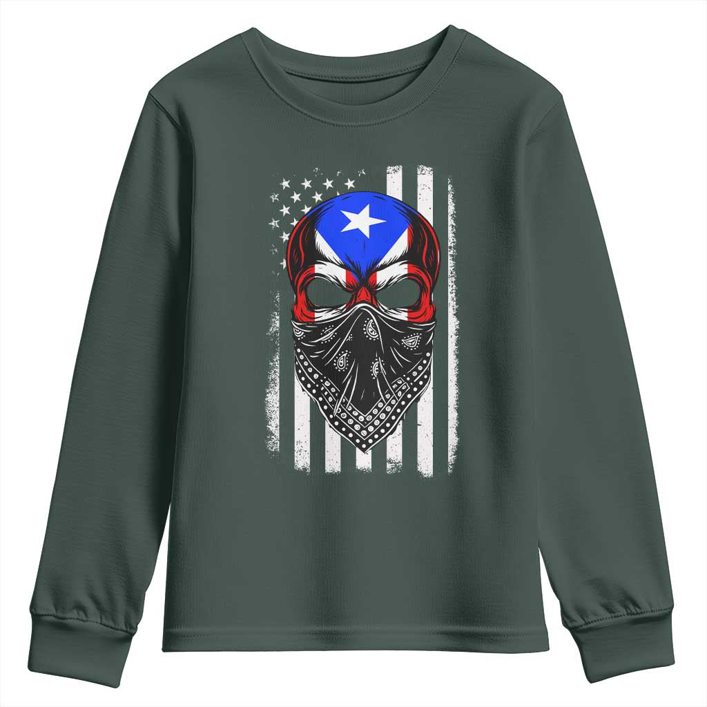 Skull Puerto Rican American Flag Youth Sweatshirt With Bandana TS10 Dark Forest Green Print Your Wear