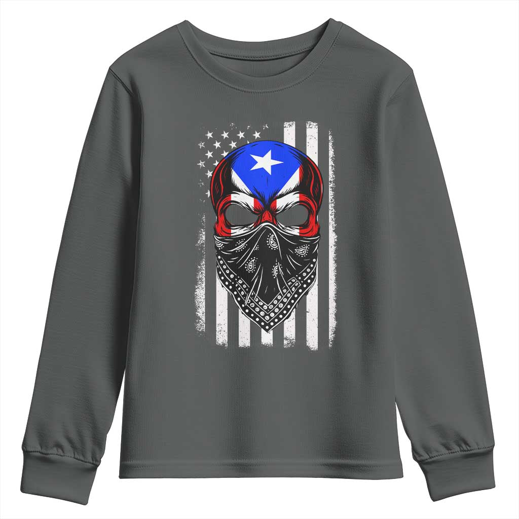 Skull Puerto Rican American Flag Youth Sweatshirt With Bandana TS10 Dark Heather Print Your Wear