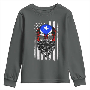 Skull Puerto Rican American Flag Youth Sweatshirt With Bandana TS10 Dark Heather Print Your Wear