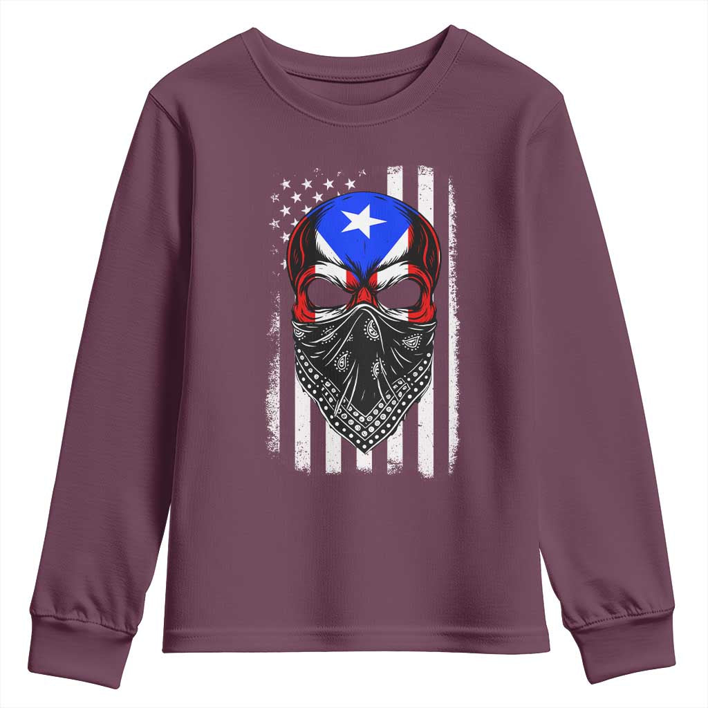 Skull Puerto Rican American Flag Youth Sweatshirt With Bandana TS10 Maroon Print Your Wear