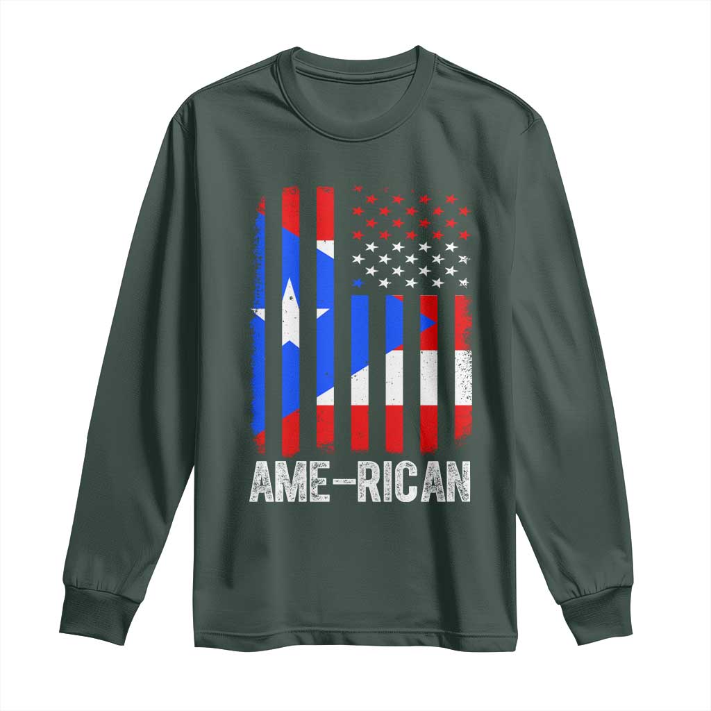 Puerto Rican American Flag Long Sleeve Shirt AME-RICAN Boricua Pride TS10 Dark Forest Green Print Your Wear