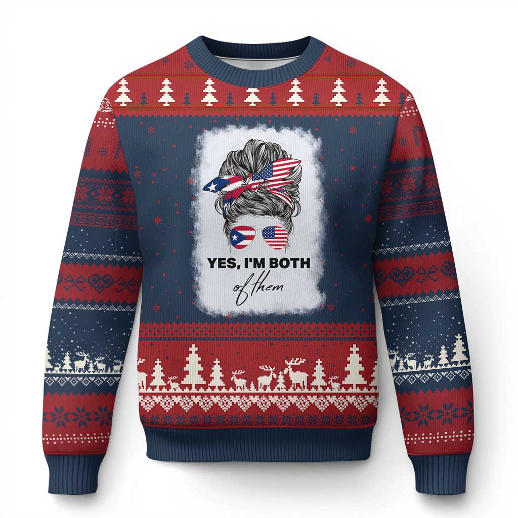 Yes I’m Both Puerto Rican American Ugly Christmas Sweater Messy Bun Boricua Woman Pride TS10 Navy Red Print Your Wear
