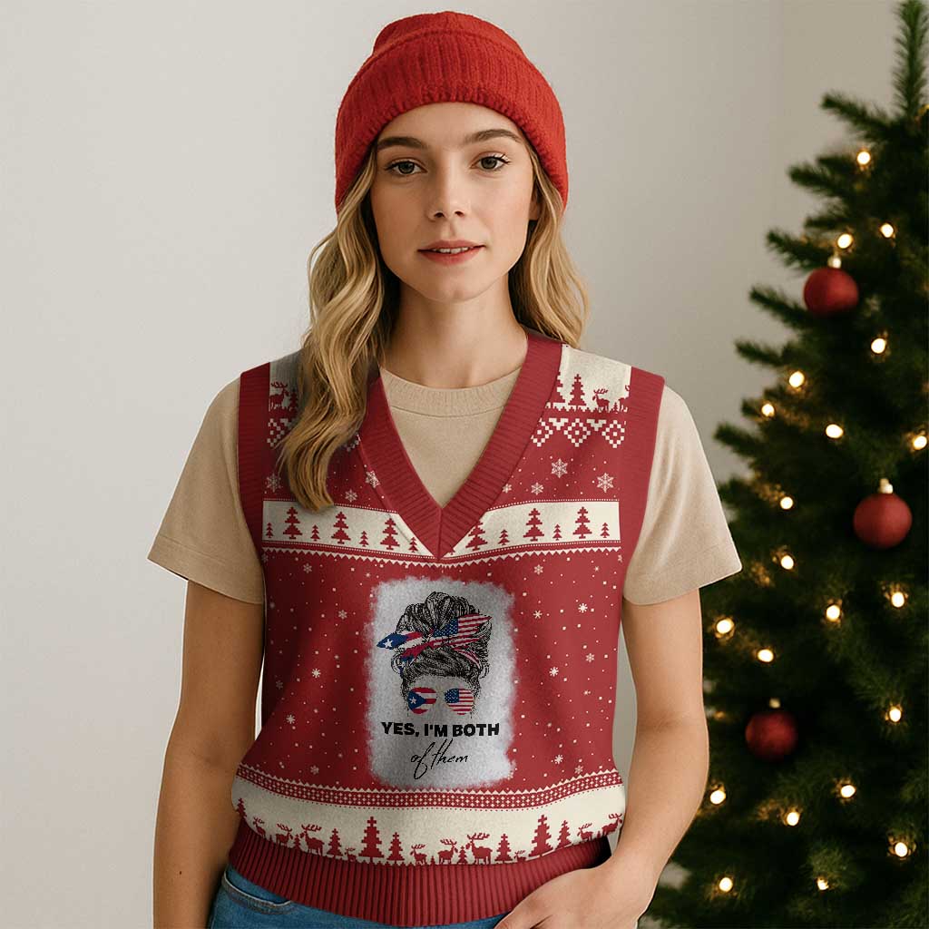 Yes I’m Both Puerto Rican American V-Neck Knit Sweater Vest Messy Bun Boricua Woman Pride TS10 Red Beige Print Your Wear