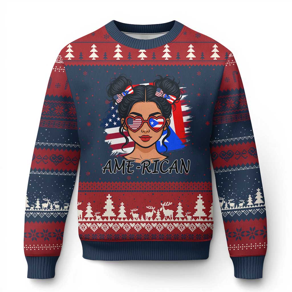 Puerto Rican American Girl Ugly Christmas Sweater AME-RICAN Boricua Pride TS10 Navy Red Print Your Wear