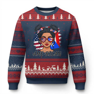 Puerto Rican American Girl Ugly Christmas Sweater AME-RICAN Boricua Pride TS10 Navy Red Print Your Wear