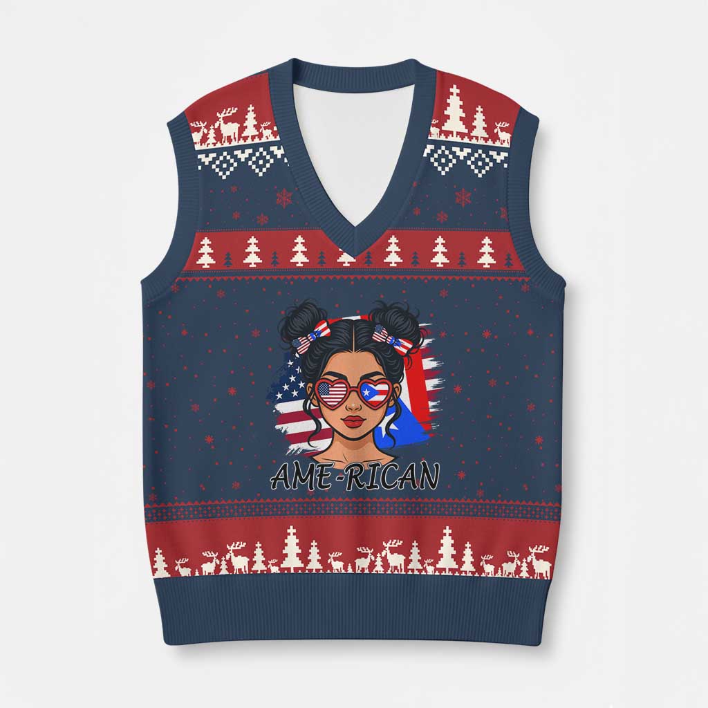 Puerto Rican American Girl V-Neck Knit Sweater Vest AME-RICAN Boricua Pride TS10 Navy Red Print Your Wear