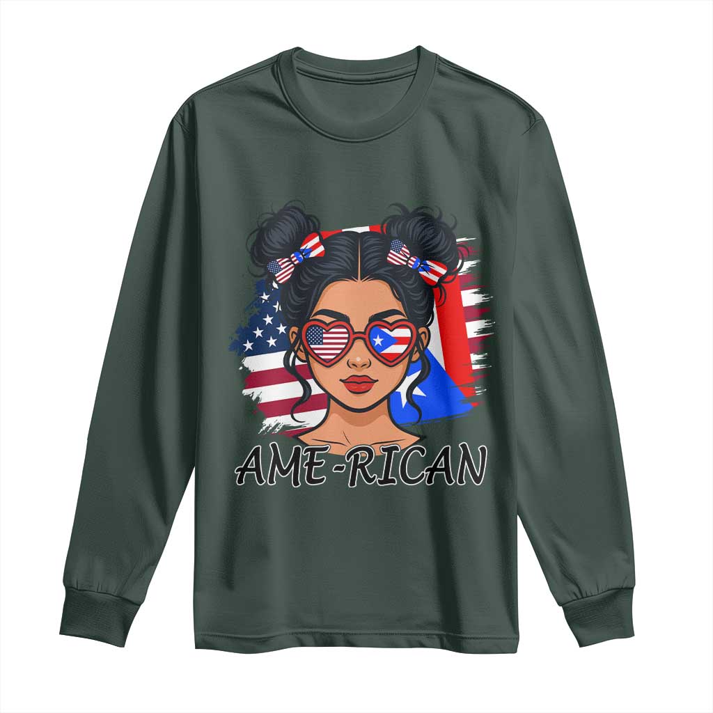Puerto Rican American Girl Long Sleeve Shirt AME-RICAN Boricua Pride TS10 Dark Forest Green Print Your Wear