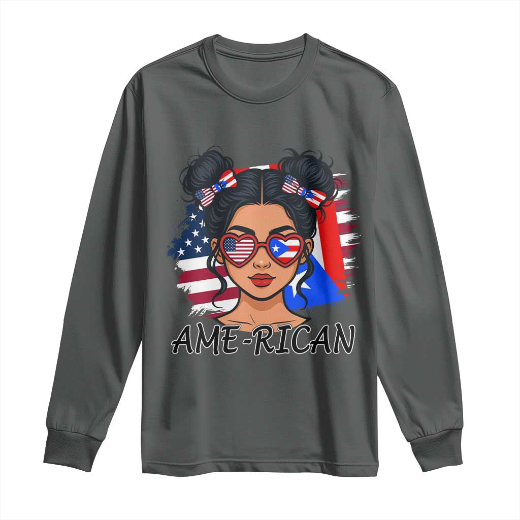 Puerto Rican American Girl Long Sleeve Shirt AME-RICAN Boricua Pride TS10 Dark Heather Print Your Wear