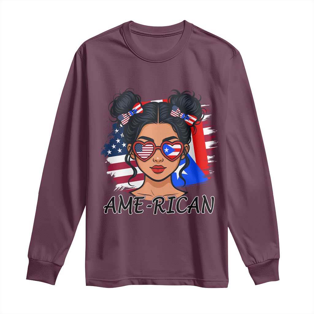 Puerto Rican American Girl Long Sleeve Shirt AME-RICAN Boricua Pride TS10 Maroon Print Your Wear