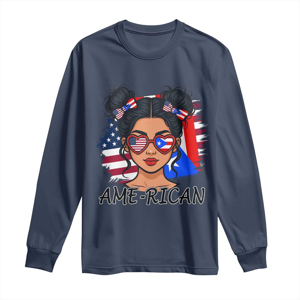 Puerto Rican American Girl Long Sleeve Shirt AME-RICAN Boricua Pride TS10 Navy Print Your Wear